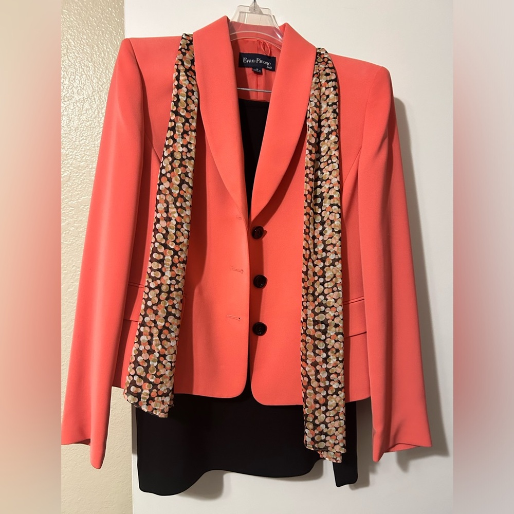 Women’s Evan-Picone suit; coral jacket; brown skirt